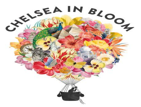Cartoon of hot air balloon made of out flowers with text ' Chelsea in bloom' above.