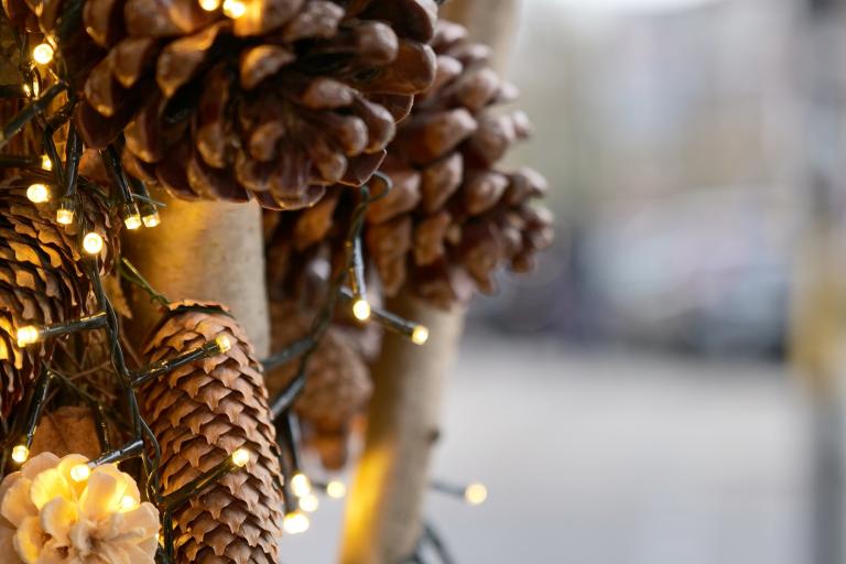 A close up of Pinecones and festive foliage with fairy lights wrapped around a market stall stand