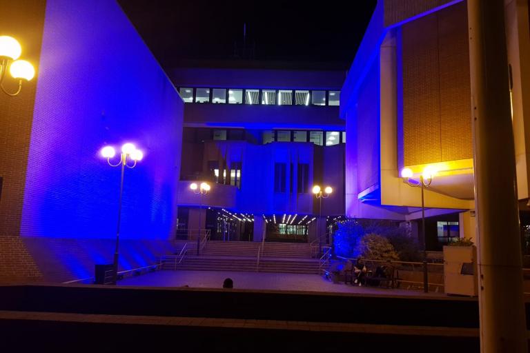 Kensington Town Hall lit up in blue for Light Up London to mark World Alzheimer's Day