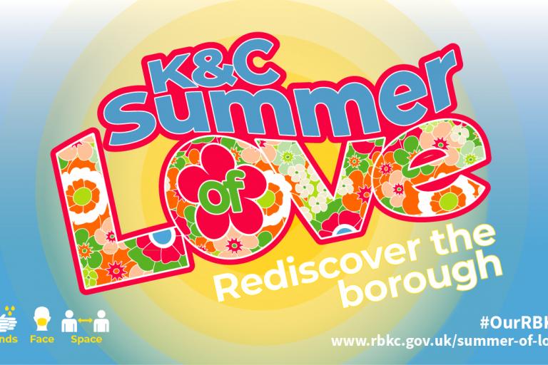 Colourful logo with the text 'K&C Summer of Love, Rediscover the borough'
