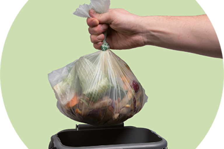 Bag of food waste beign put into a silver recycling bing