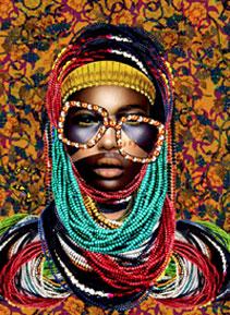 A portrait of a Black person in colourful clothing